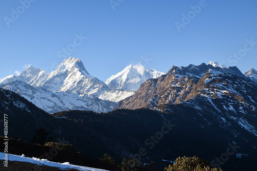 Himalaya mountains in Nepal. Tamang Heritage Trail and Langtang trek day 3 from Nagthali to the viewpoint Nagthali Gyang