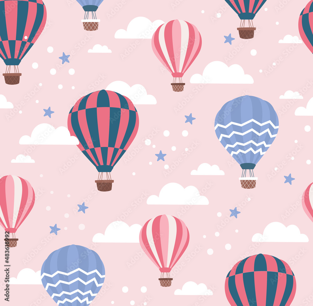 Air balloon seamless pattern. Repeating pattern for printing on bed linen or gift paper. Beautiful image for kids. Dream and fantasie, flight, travel and adventure. Cartoon flat vector illustration