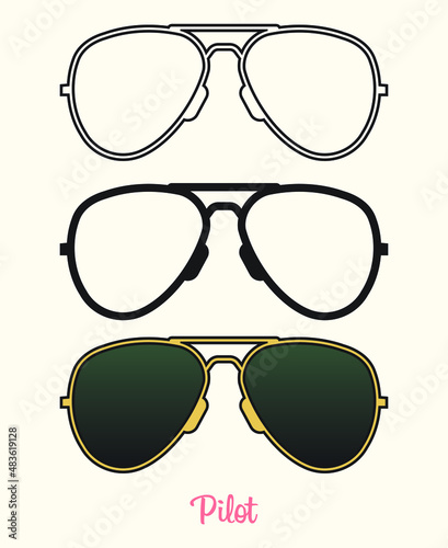 Pilot sunglasses set. Outline, silhouette, color.
