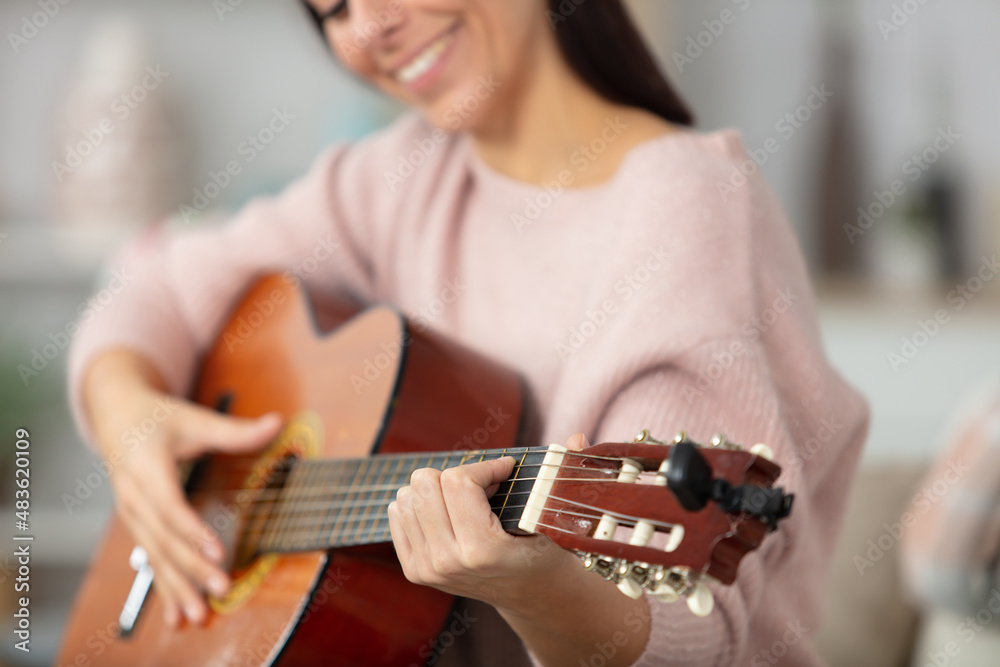 pretty young woman plays guitar on the couch at home
