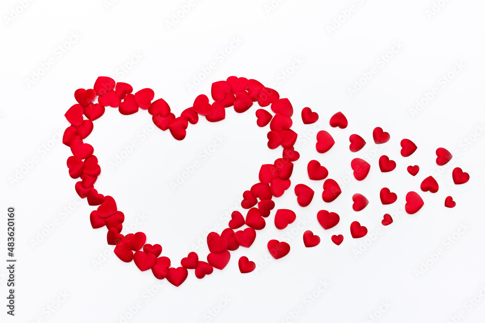 Valentines Day greeting card concept. Frame of red hearts isolated on a white background . Flat lay, top view. Holiday banner, love concept. Valentines Day greeting card concept. Frame of red hearts isolated on a white background . Flat lay, top view. Holiday banner, love concept.