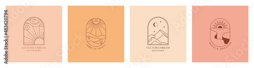 Vector boho emblems with abstract mountain landscapes.Travel logos with mountains or desert dunes;sky,crescent moon,sun and sunburst.Modern travel icons or symbols in trendy minimalist style.