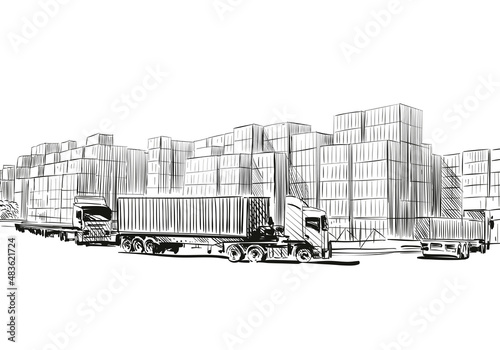 Storage containers in the port. Delivery of cargo container ship. Hand drawn vector illustration