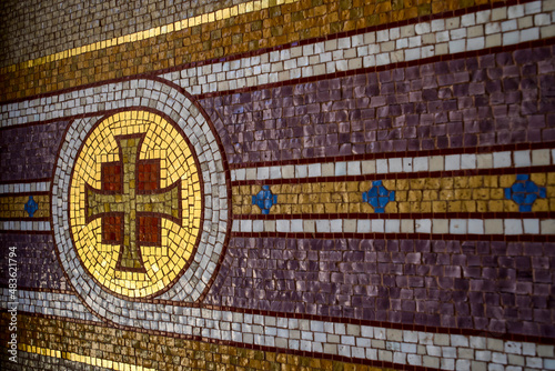 Tableau sur toile Byzantine cross mosaic on a wall with a copy space.