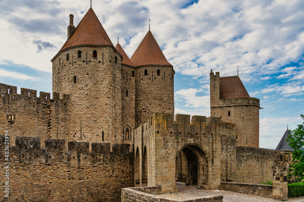 main entrance to the fortified citadel of Carcassonne in France (La Cité In French).