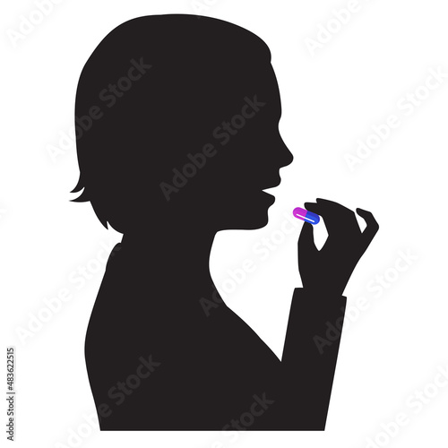 Sick woman takes a pill or supplement or vitamin. Vector flat illustration
