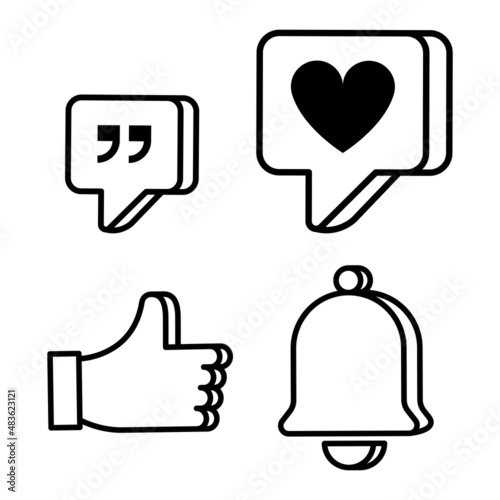 Social Media Like, Bell Notification, Love, and Comment Quote Bubble Line Art Icon Illustration on White Background