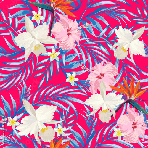 Tropical vector seamless background. Jungle pattern with exotic flowers and palm leaves. Stock vector. Summer vector vintage wallpaper.	