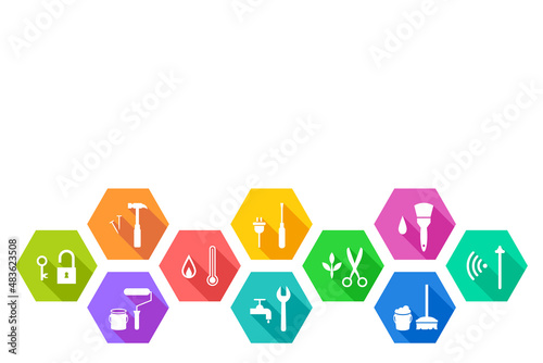 Facility and facilities management, maintenance, repair, renovation concept with work tool icon set and blank copy space