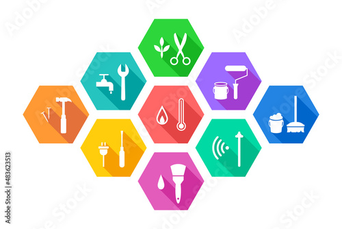 Facility management concept with related tools and icons including hammer, wrench, paintbrush, paint roller, screwdriver among others