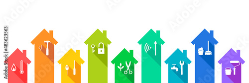 House set with work tool icons as building, construction industry, maintenance, renovation, repair, home improvement, real estate and housing development or facility management concept