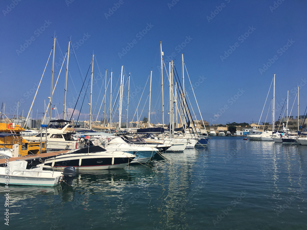 luxury yachts moored in Valletta harbour in Malta  