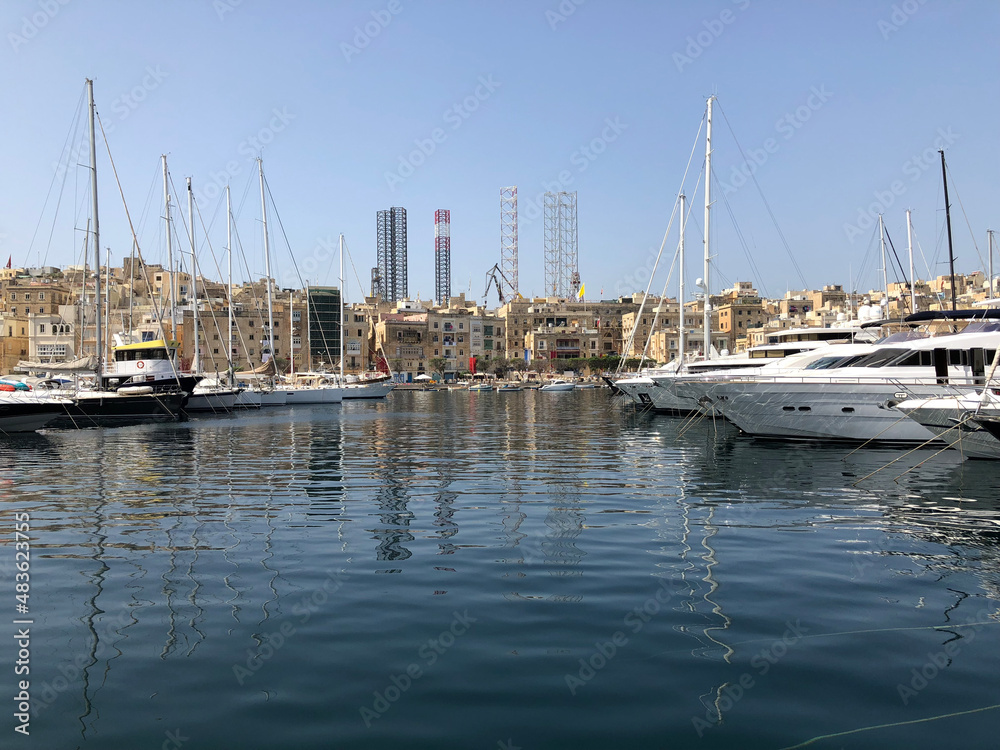 luxury yachts moored in Valletta harbour in Malta   