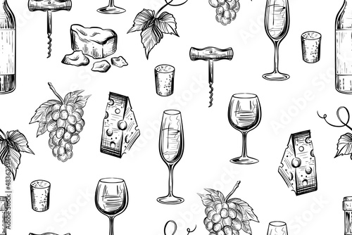 Seamless pattern of winery stuff, monochrome vector illustration