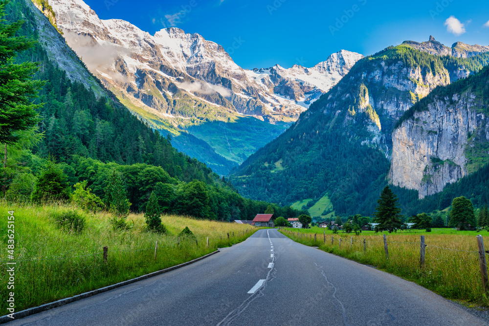 road towards the mountain villages of the Swiss Alps. road towards the mountain villages of the Swiss Alps.