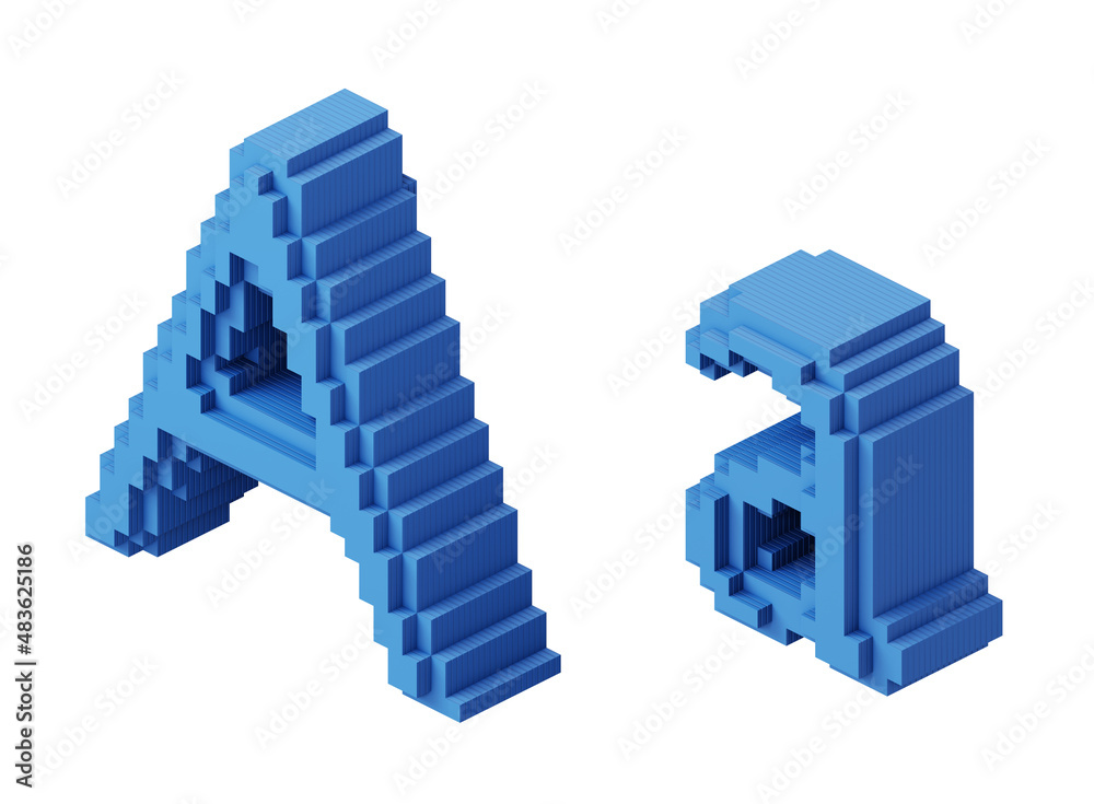 Letter A shaped block pixel with blue cubes. 3d illustration. Letter A shaped block pixel with blue cubes. 3d illustration.