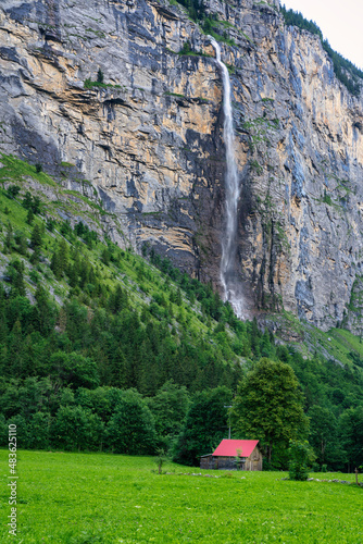 view of the Staubbach waterfall in the Lauterbrunnen valley in Switzerland.