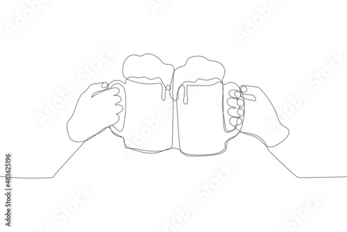 Continuous one line drawing of hands of two people clinking beer glasses in flat design