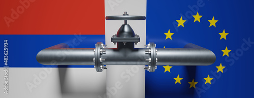 Natural gas transportation in Europe, Gas pipe and valve wheel, Russian and EU flag. 3d render