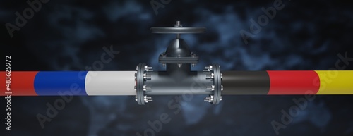 Nord stream gas pipeline, Russia and Germany flag on pipe with valve. 3d render