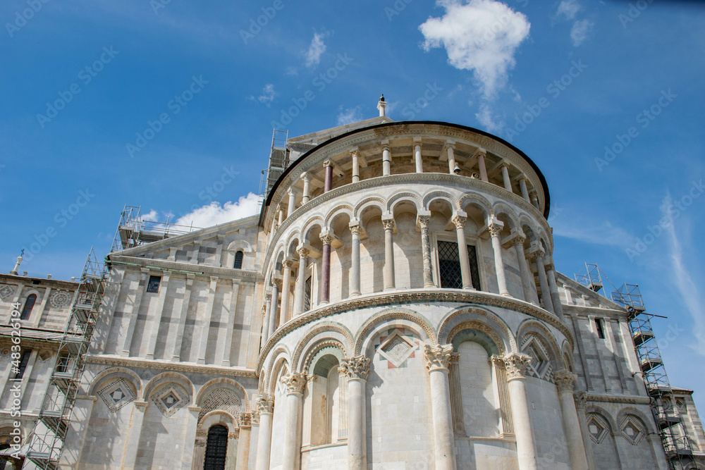 Pisa, Italy, September 2015, view of the east facade and the main apse of the cathedral in Pisa