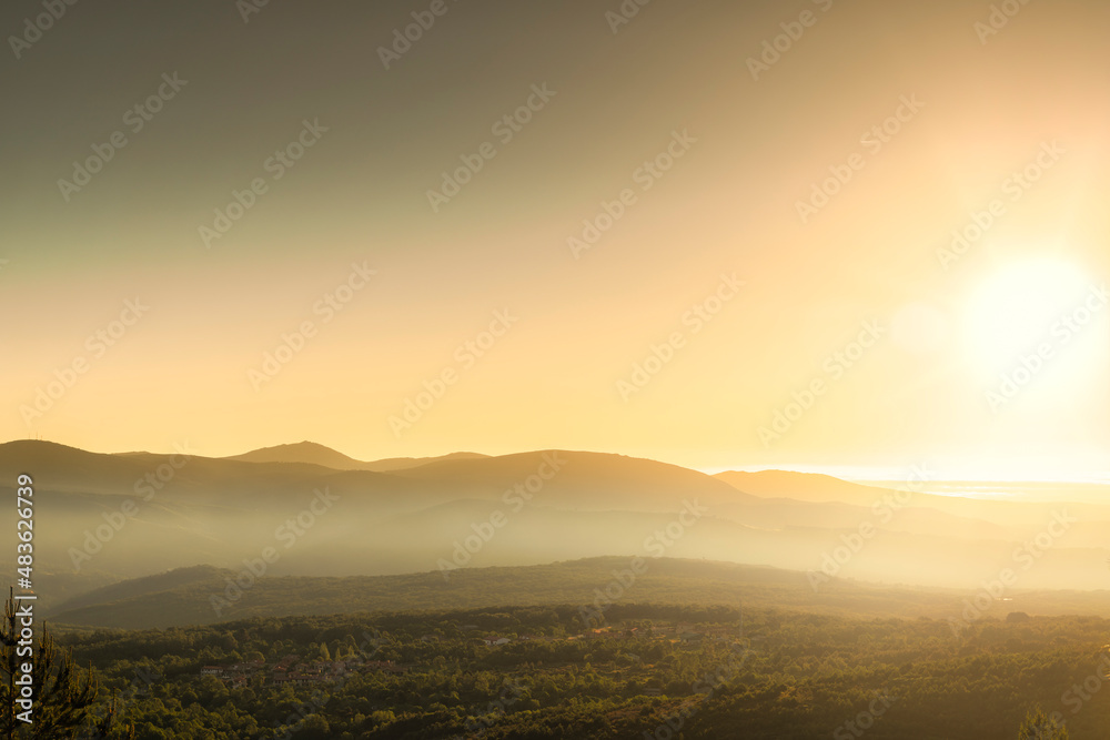 sunrise in the mountains of the Sierra de Francia with fog, in the province of Salamanca in Spai