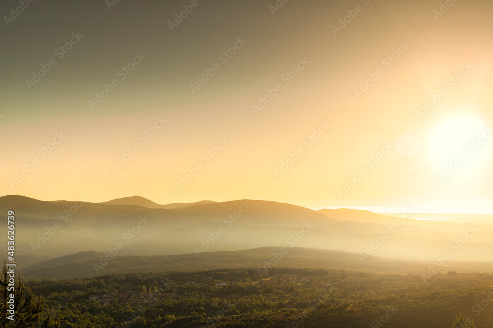 sunrise in the mountains of the Sierra de Francia with fog, in the province of Salamanca in Spai sunrise in the mountains of the Sierra de Francia with fog, in the province of Salamanca in Spai