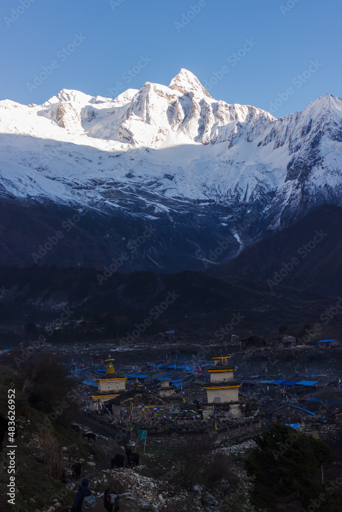 A large settlement in the Manaslu region against the backdrop of the Himalayas