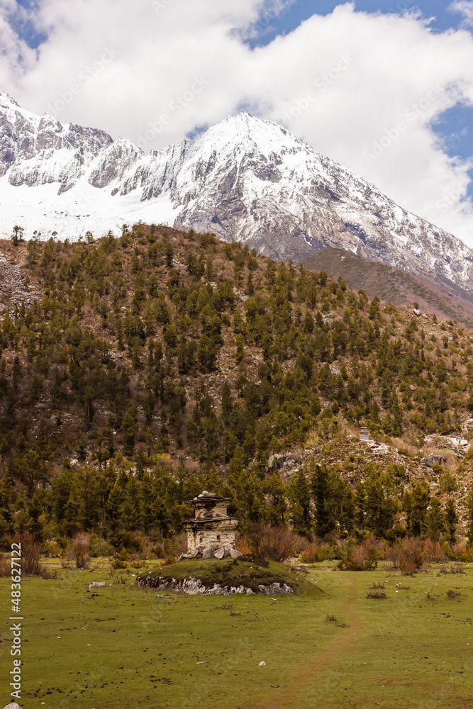 View of the valley and mountain peaks in the Manaslu region in the Himalayas