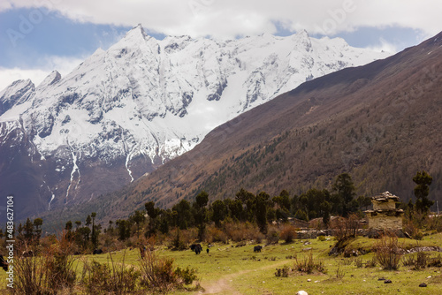 View of the valley and mountain peaks in the Manaslu region in the Himalayas