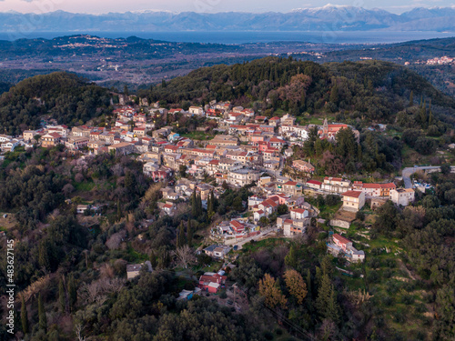 Aerial drone view of traditional beautiful village of  Chorepiskopi in north corfu island greece © ernestos