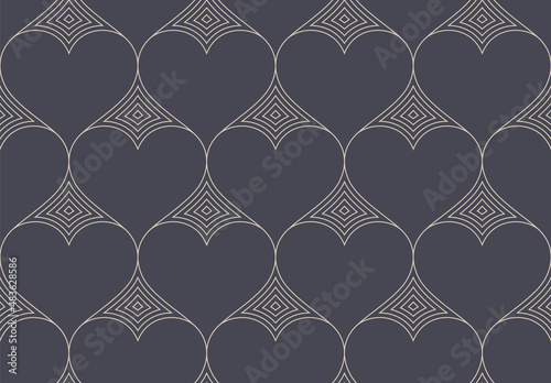 Vector Elegant Art Deco Linear Hearts Lattice Seamless Pattern Abstract Vintage Wallpaper. Outline Heart Graphic Love Symbol Repetitive Subtle Structure. Valentine's Day Repetitive Art Illustration.