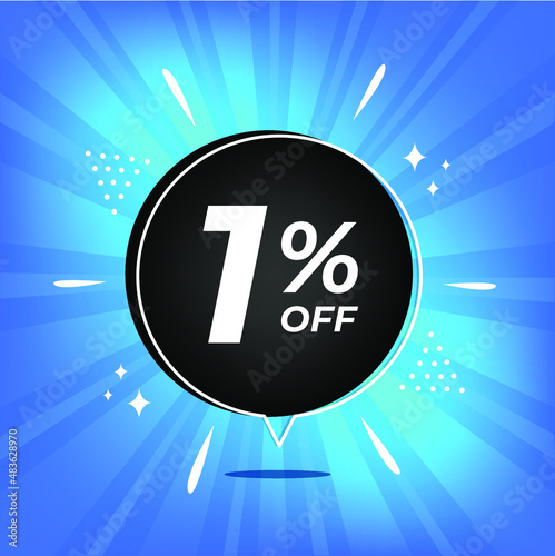 1% off. Blue banner with one percent discount on a black balloon for mega big sales.