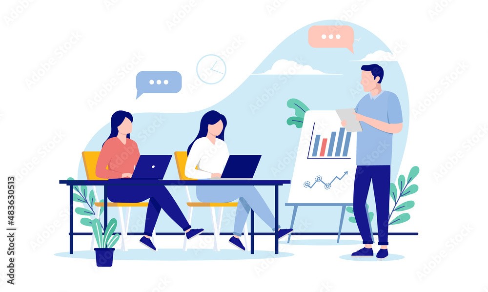 Business course - Male teacher presenting graphs and charts to students. Flat design vector illustration with white background
