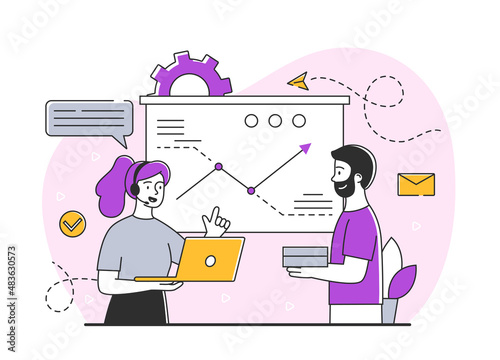 Concept of business team. Man girl next to charts. Analytical department chooses best solution for development of company. Marketing research, work with statistics. Cartoon flat vector illustration