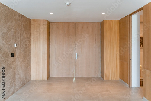 Wooden panel, apartment entrance, modern design whit melamine doors photo