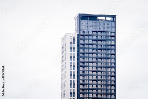 a skyscraper building with a glass facade, office building, copy space, space for text, selective focus