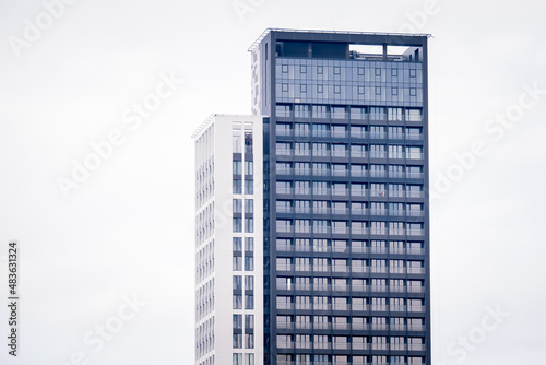 a skyscraper building with a glass facade, office building, copy space, space for text, selective focus