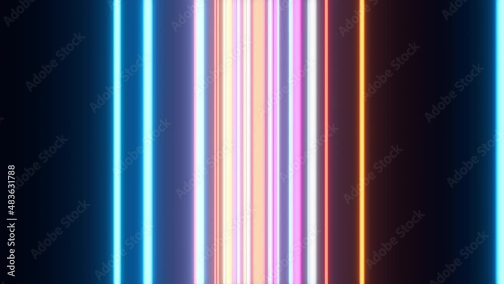 Flying through the abstract energy neon lines and vertical laser streaks. Speed moving inside colorful digital electric leads and flourescent neon lights. Animated background of virtual reality intro.