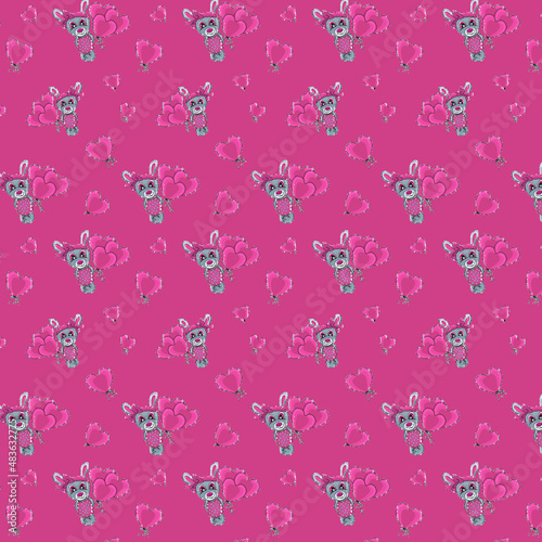 seamless vector background with hearts and teddy bear in pink tones