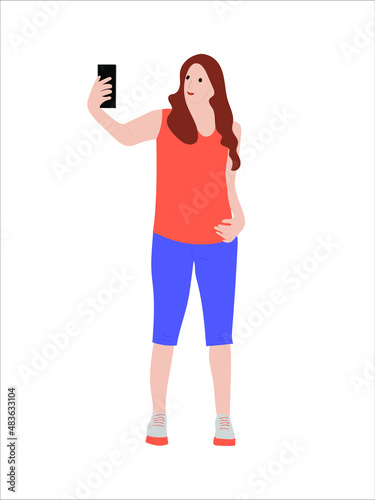 A young girl takes a picture of herself on the phone for a photo shoot. A woman takes a selfie for a reportage. Isolated flat vector illustration
