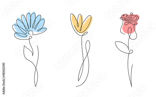 Flowers in continuous one line art style. Rose, tulip and chamomile with leaves and hand drawn abstract bud. One line art flower. Continuous line flower. Vector #483633141