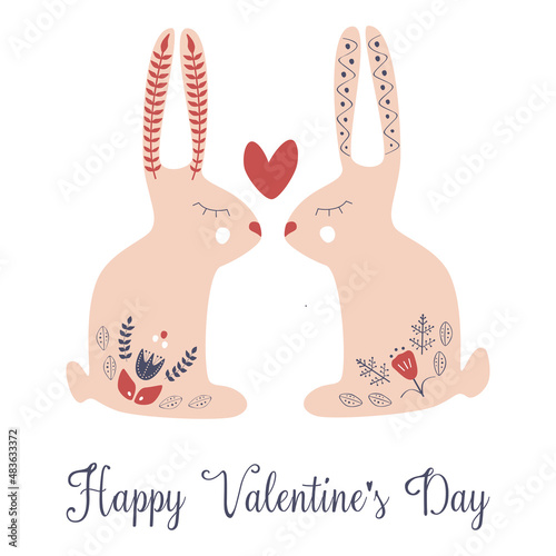 Cute pink rabbits in love isolated on white background. Love concept. Folk style design element for t-shirt print, apparel or greeting cards. Valentine s day poster. Vector nordic illustration.