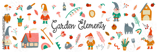 Set of garden gnomes with rainbow, owl, cane, cat, house, mushroom, cactus, apple, strawberry, berry, lantern, bell, spring flowers. Lettering garden elements. Collection of cute fairytale characters.