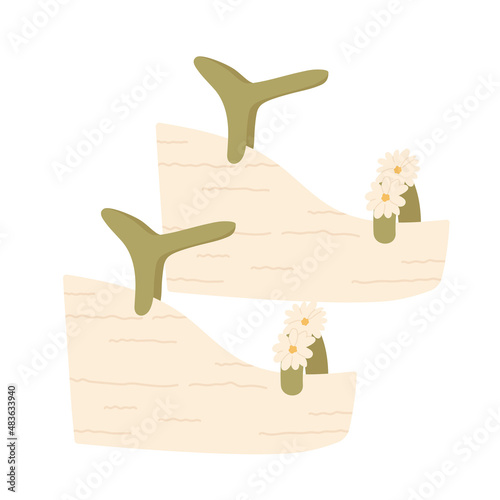 Women's casual green wedge sandals decorated with flowers.  Female summer shoes. Vector illustration in cartoon style. Isolated on white background.
