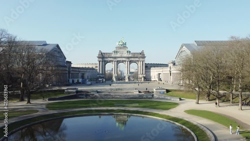 
Cinquantenaire park (Jubelpark) and The Triumphal arch (Arc de Triomphe) in Brussels on a sunny winter day. Drone aerial view