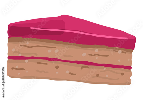Piece of jelly cake. Single doodle of sweet food, dessert. Hand drawn vector illustration in flat style. Cartoon clipart isolated on white background.