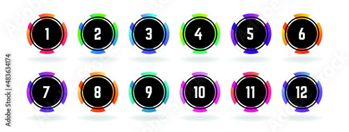 Number bullet points 1 to 12. Trendy round shapes, points. Modern colorful digital markers.