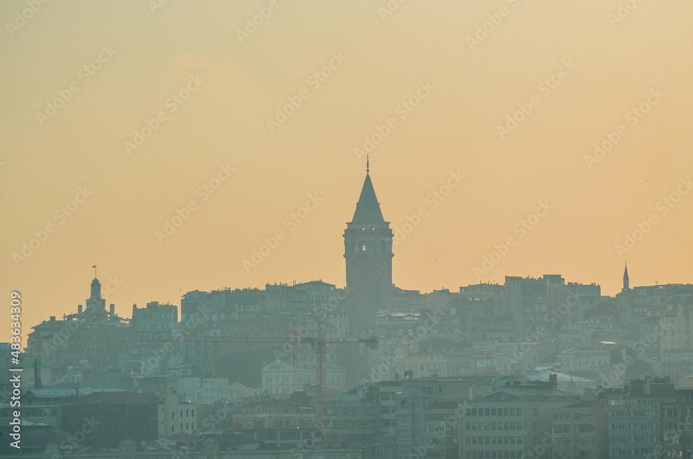 galata tower silhouette from sea