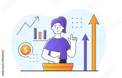 Personal growth concept. Woman with briefcase raises her finger. Girl works with statistics, assessing effectiveness of company. Selfdevelopment and efficiency. Cartoon flat vector illustration